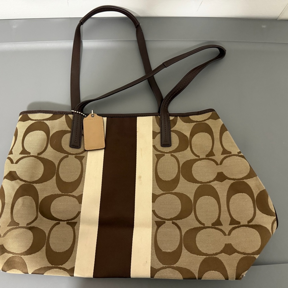 Coach Canvas Logo Tote in Brown and Cream with Center Stripe